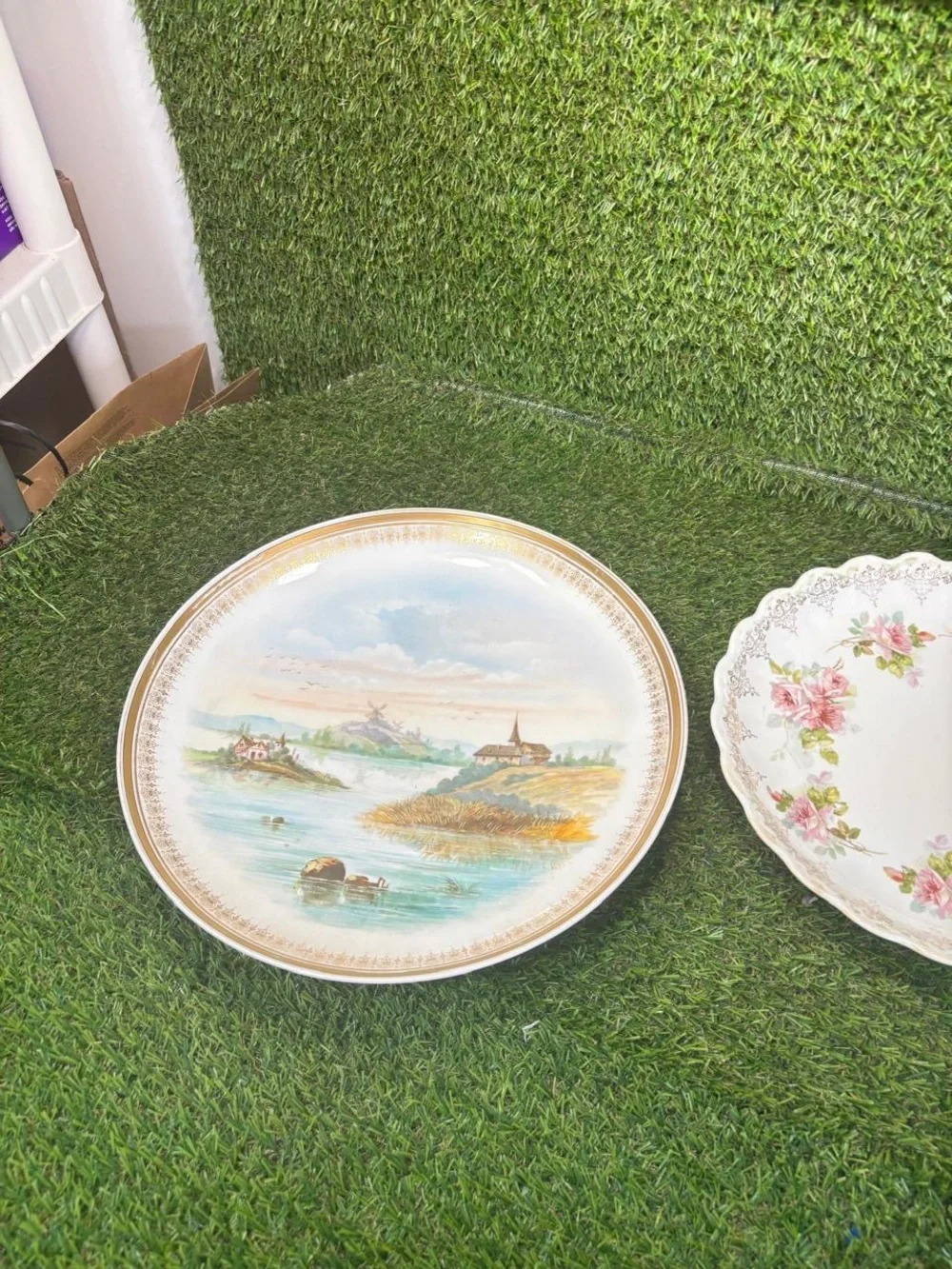 Vintage Crescent China Serving Lot Scenic Platter Floral Bowl Marble Tray 3 Pc